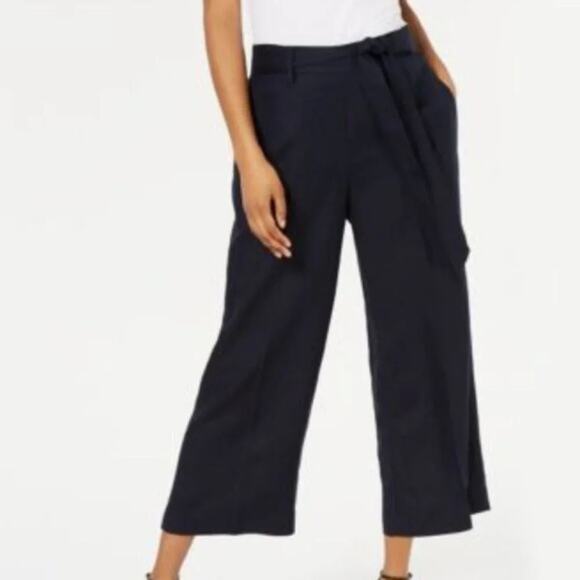Bar III Linen Cropped Wide Leg Pants Navy Blue Women Size 12 Pull On NEW - Picture 1 of 9